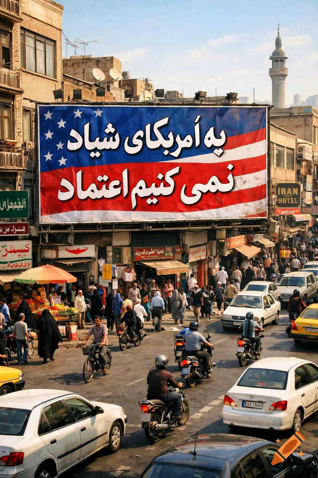 A busy street in a Middle Eastern city with a large billboard featuring an American flag design and Persian text. People and traffic fill the street.