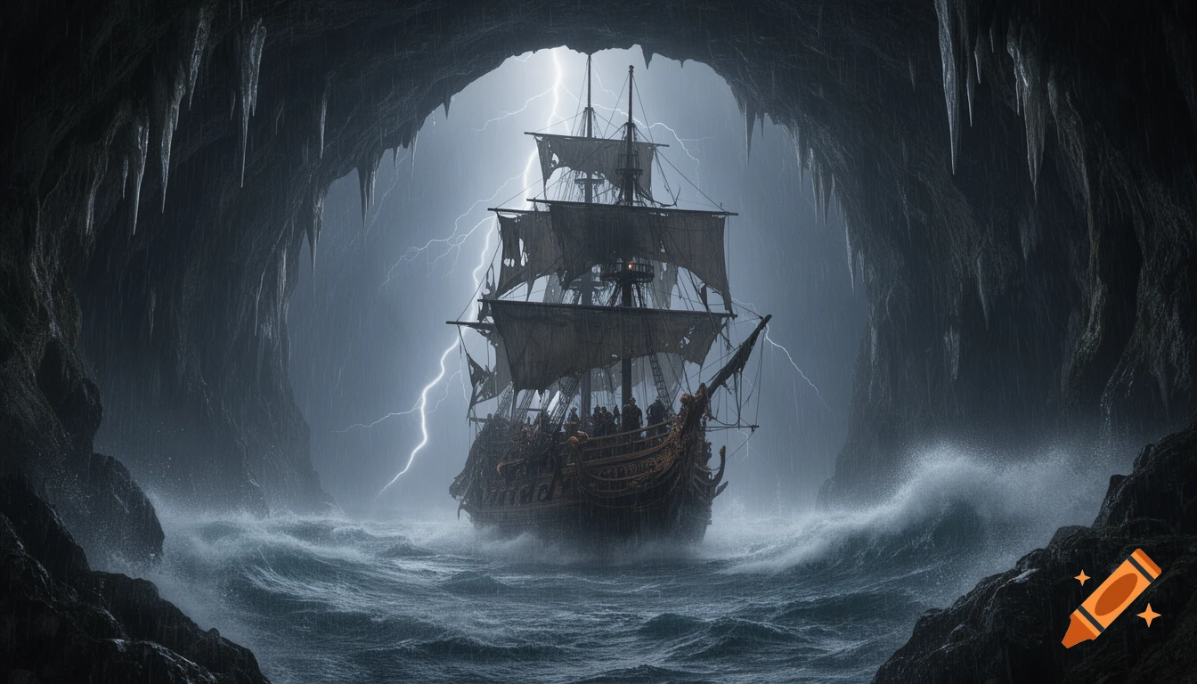 A pirate ship with torn sails navigates through a stormy sea inside a dark, icy cave with lightning strikes in the background. Photorealistic style.