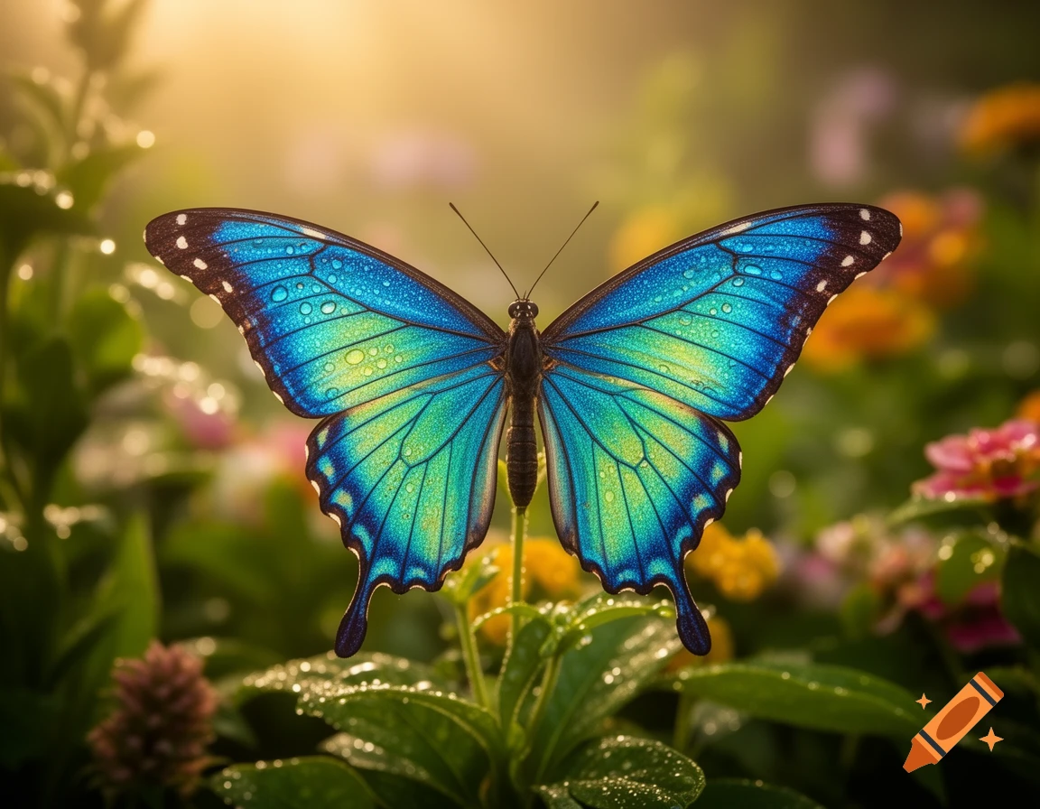 Photorealistic close-up of a vibrant blue and green butterfly with dew-kissed wings in a sunlit garden.