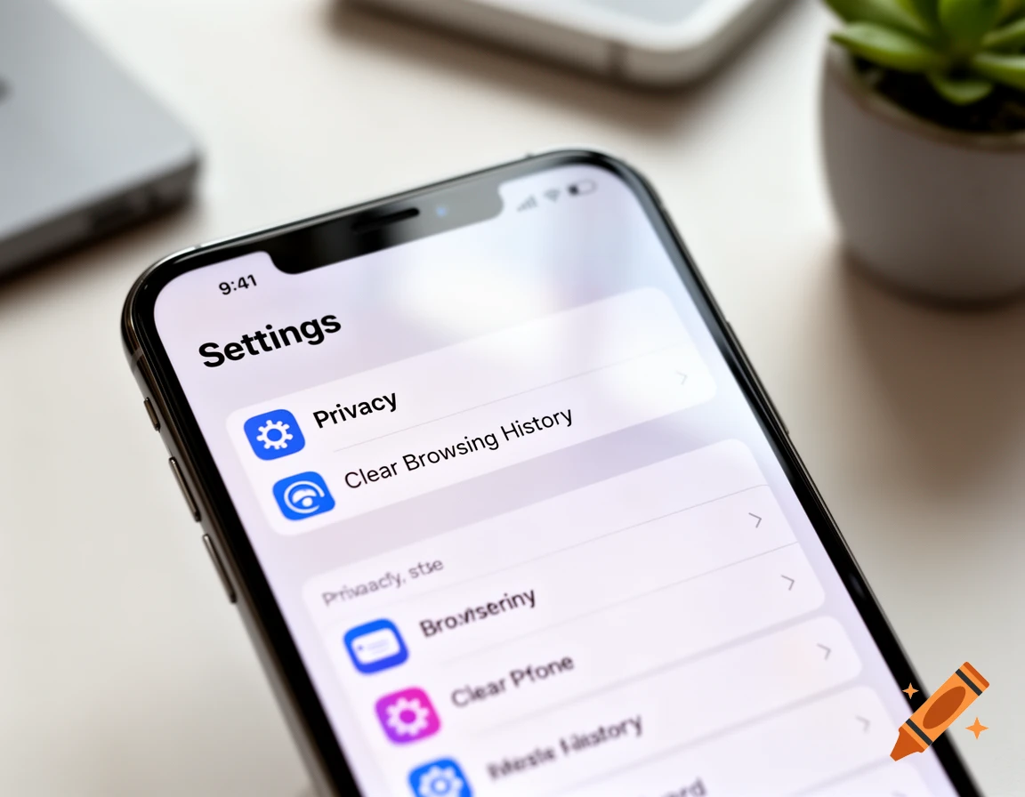 Close-up of a smartphone screen showing the 'Settings' menu with 'Privacy' and 'Clear Browsing History' options.
