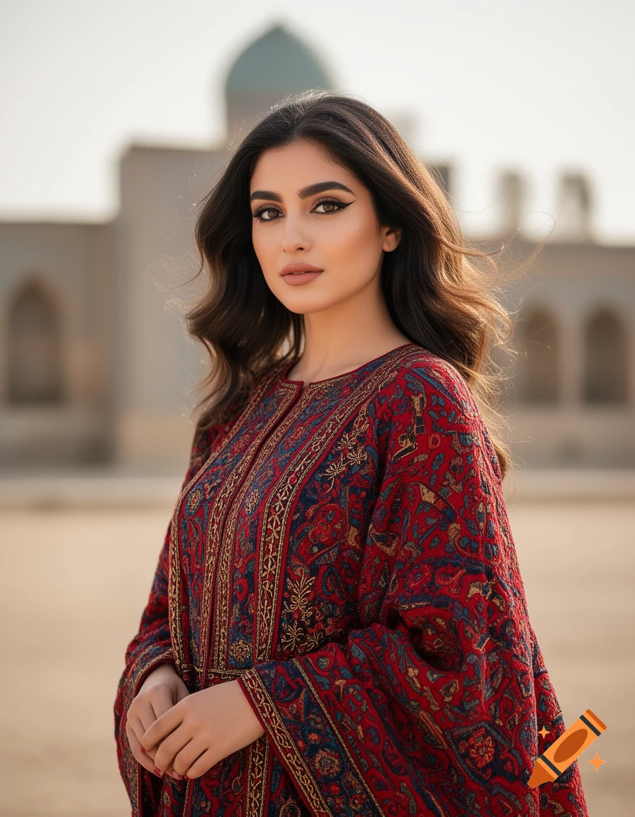 A beautiful woman with long dark hair and striking makeup wears a red ...