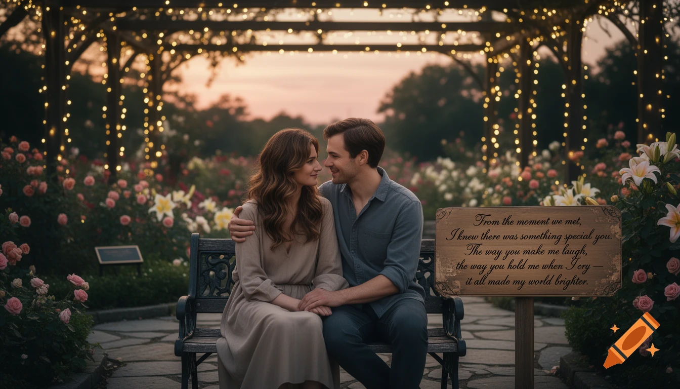 A romantic couple sits on a bench in a rose garden at dusk, illuminated by string lights, with a wooden sign displaying a love quote.