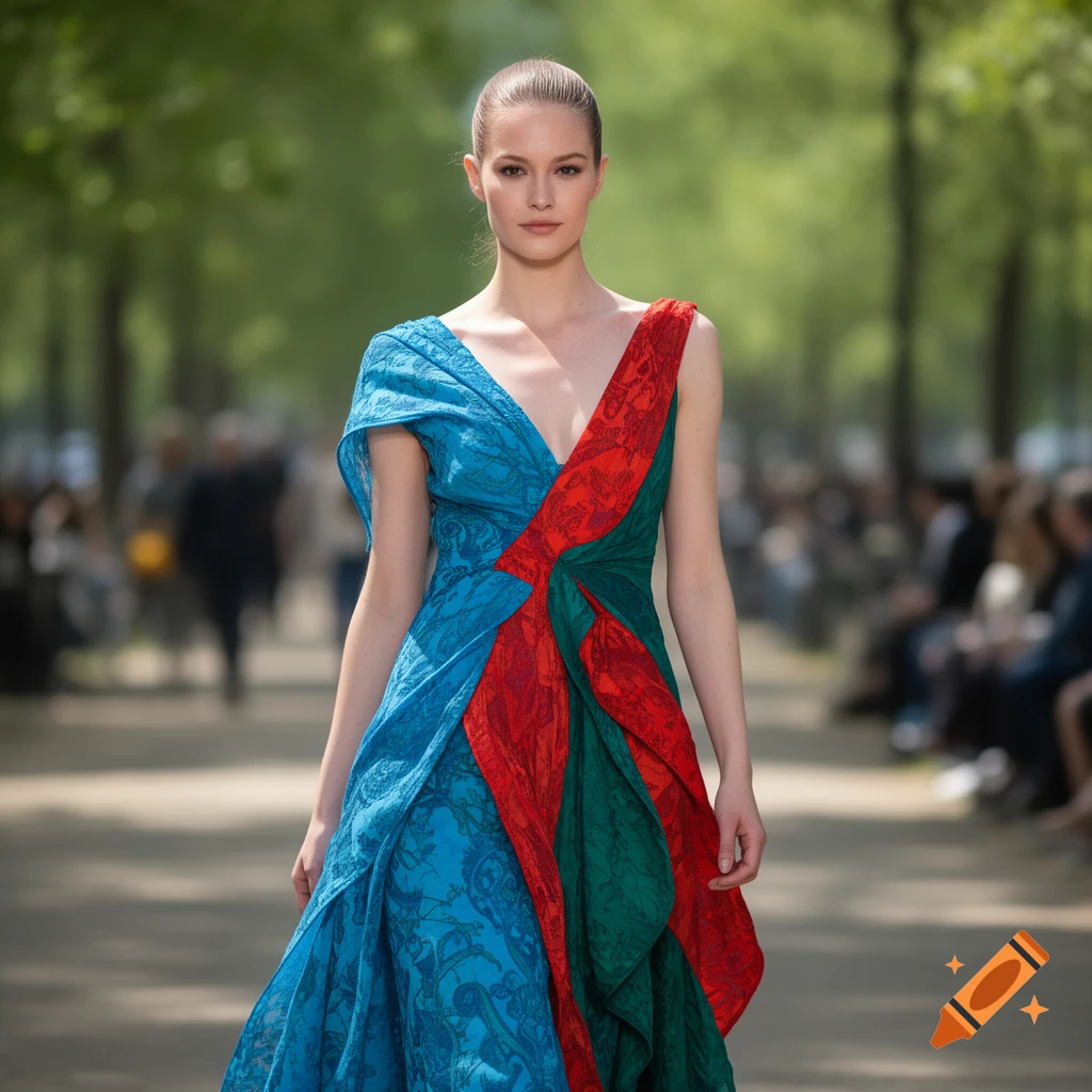 A female model wearing a colorful blue, red, and green patterned dress walks a runway outdoors on a tree-lined path.