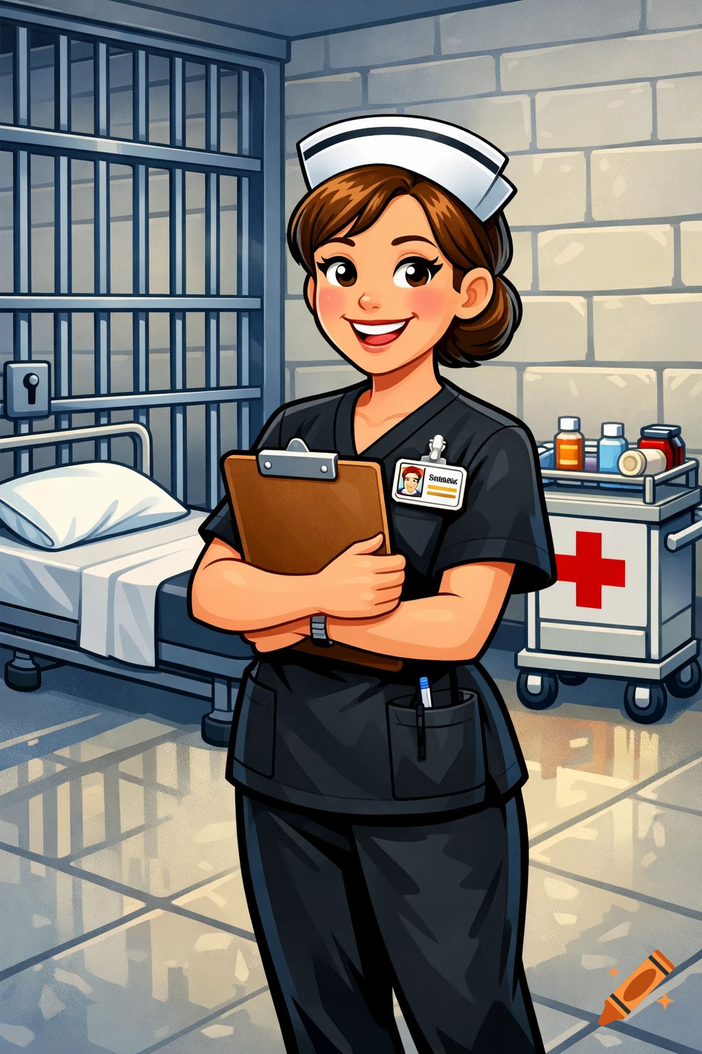 A smiling cartoon prison nurse in black scrubs holds a clipboard in a prison infirmary with a bed and medical cart.