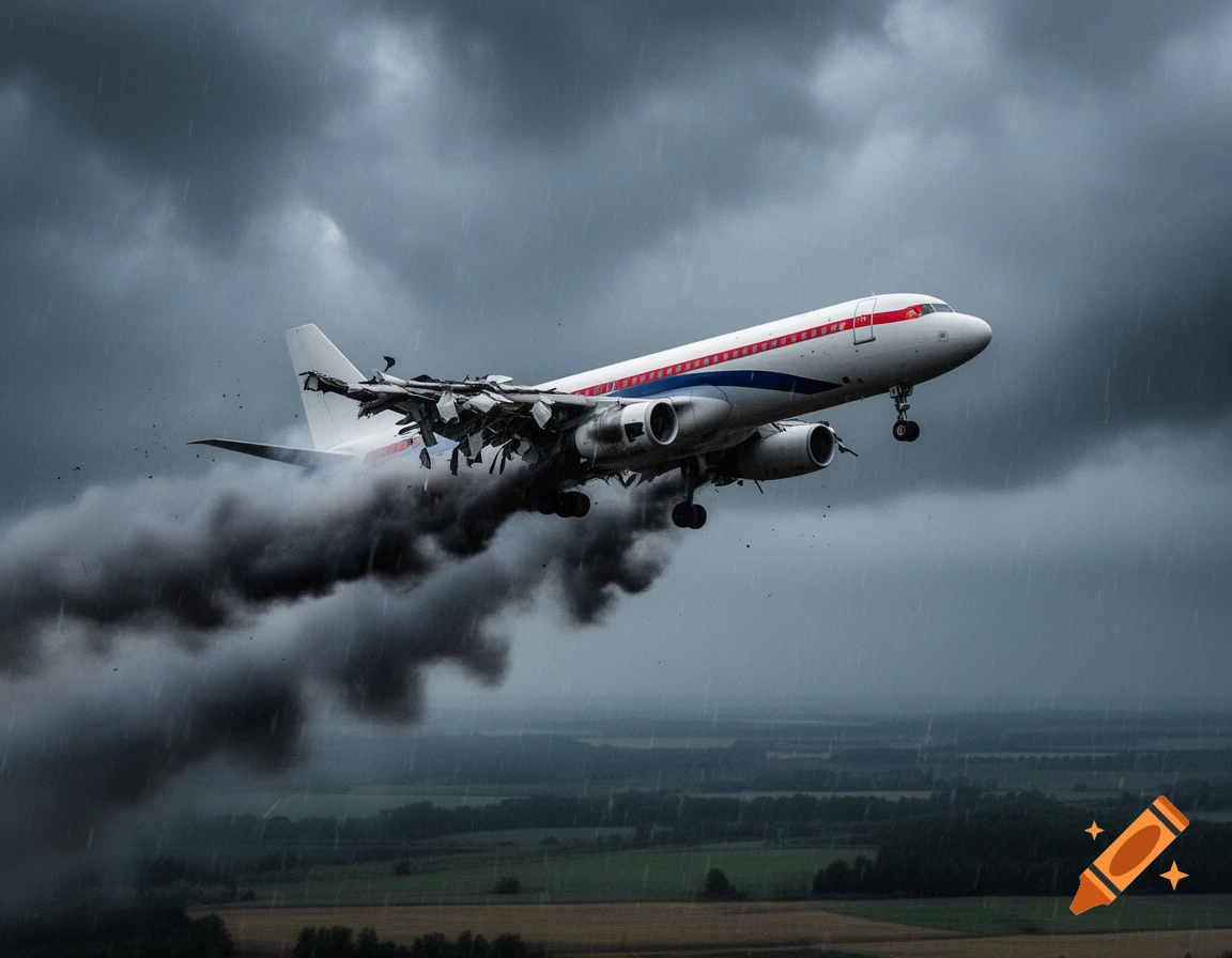 A heavily damaged white airplane with red and blue stripes emitting dark smoke, flying low over a rural landscape under a dark, stormy, rainy sky.
