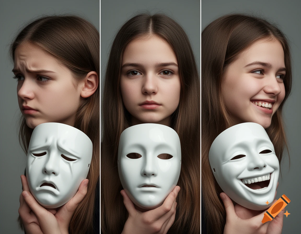 A triptych portrait of a teenage girl displaying sad, neutral, and happy emotions, each holding a corresponding white theatrical mask.
