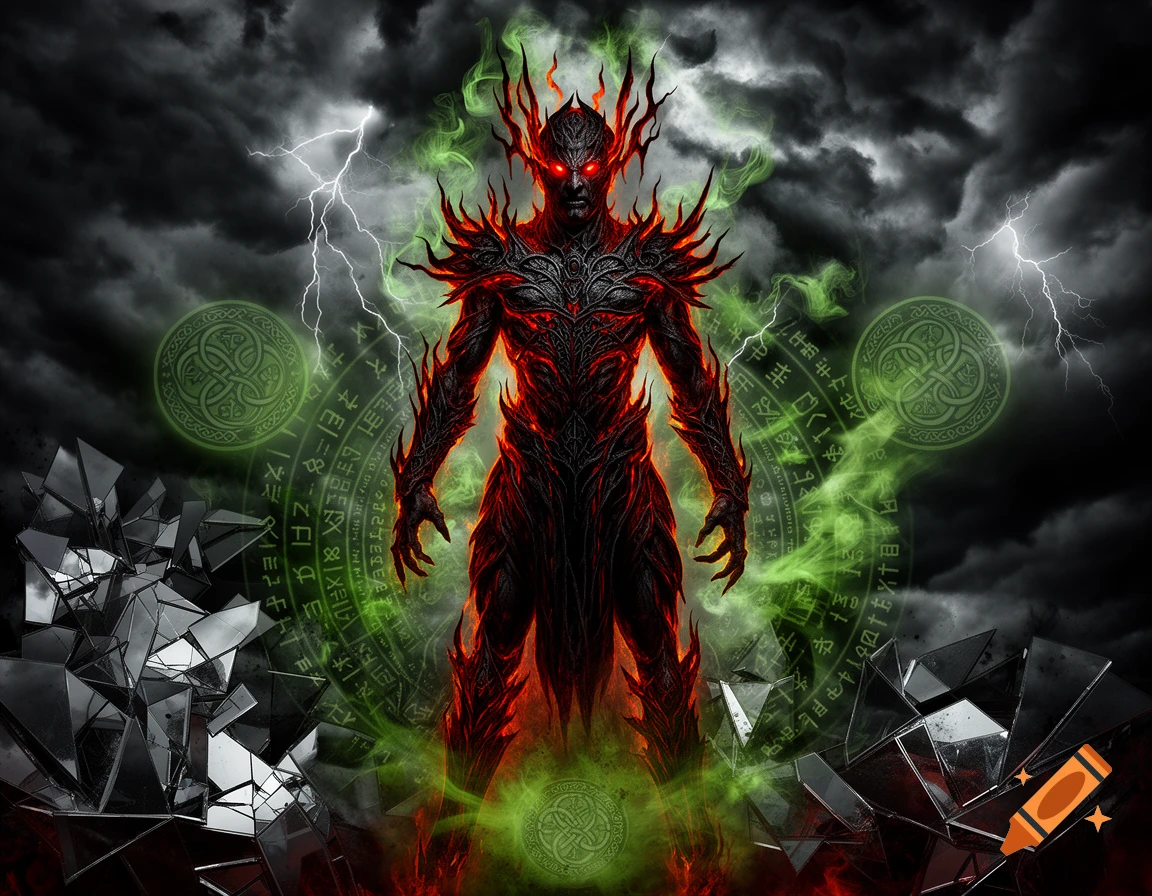 A menacing demonic figure with red eyes and fiery armor stands in green smoke and runes, with lightning in dark clouds.