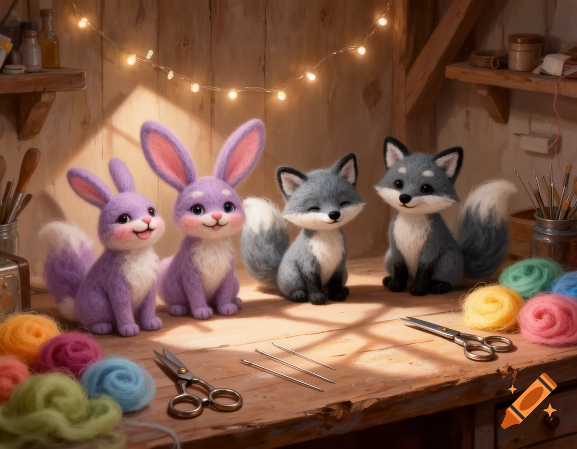Two cute purple needle-felted bunnies and two grey foxes sit on a workbench with colorful yarn and crafting tools.