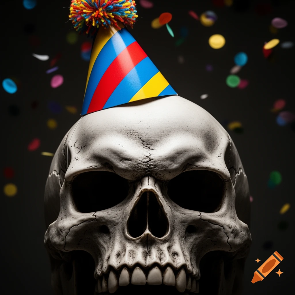 A detailed, angry-looking skull wears a colorful striped party hat with a pompom, with confetti falling against a dark background.