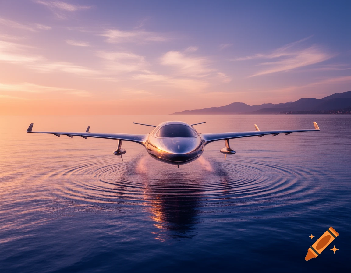 A sleek silver ground effect plane flies low over calm water at sunset, with distant mountains.