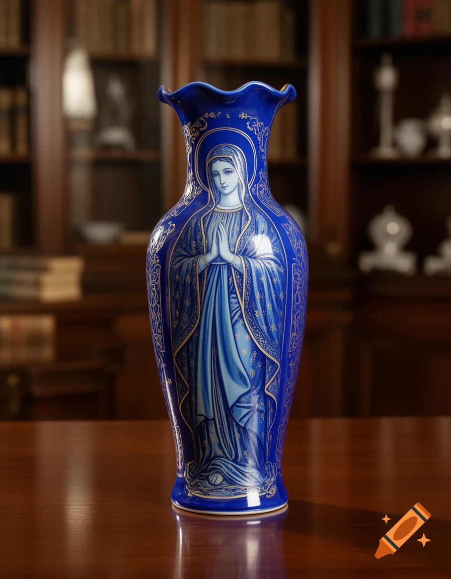 A blue ornamental vase with a golden depiction of the Virgin Mary, standing on a wooden table.