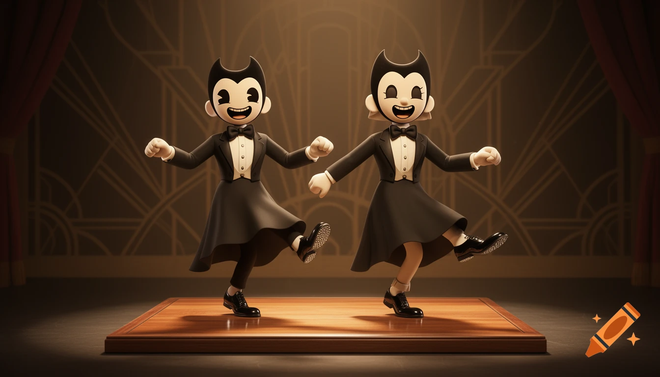 Two cartoon characters, one resembling Bendy and the other Alice Angel, in tuxedos and tap shoes, tap dancing on a wooden stage.