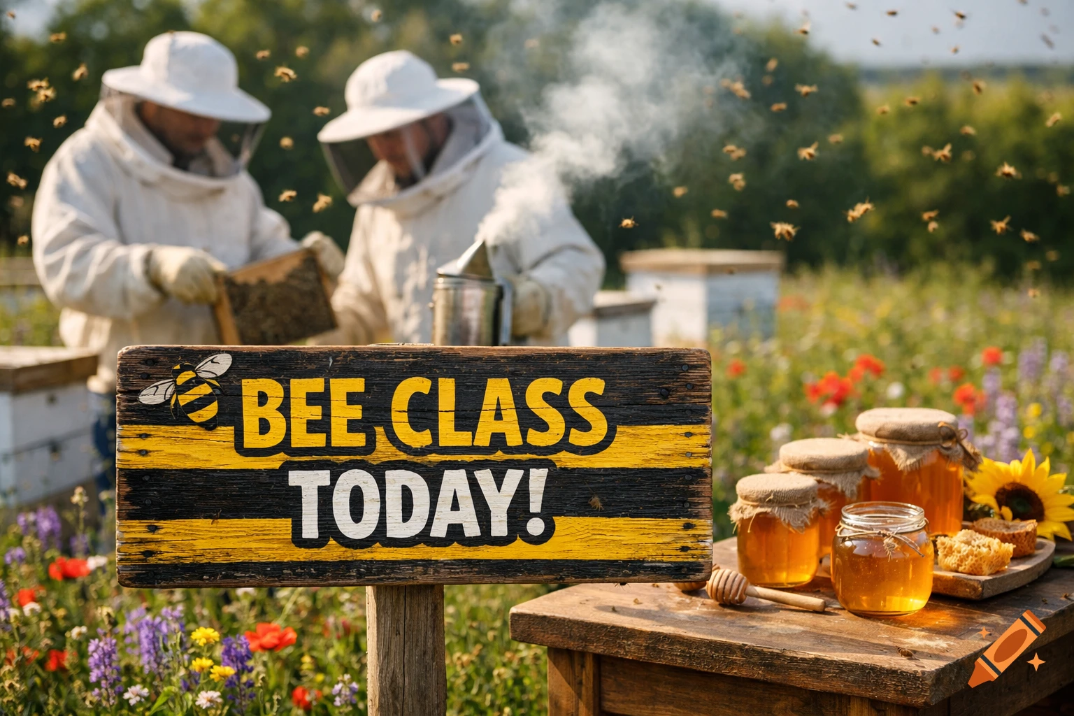 A wooden sign reads 'BEE CLASS TODAY!' with a bee illustration, set in a field of wildflowers with beekeepers and honey jars.