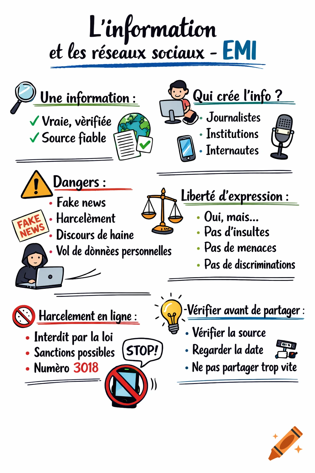 French educational infographic poster about information and social media literacy with cartoon icons and text on a white background.