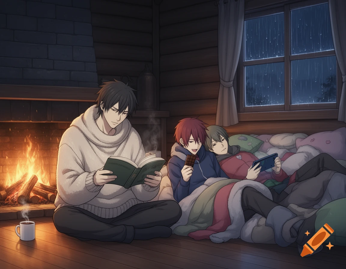 Three anime men in a cozy wooden cabin at night. One reads by a fireplace, two relax on blankets, one eating chocolate, the other playing a console as rain falls outside.