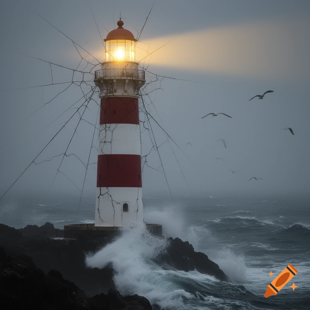 A cracked red and white lighthouse shines on stormy rocks as waves crash and seagulls fly in a photorealistic style.