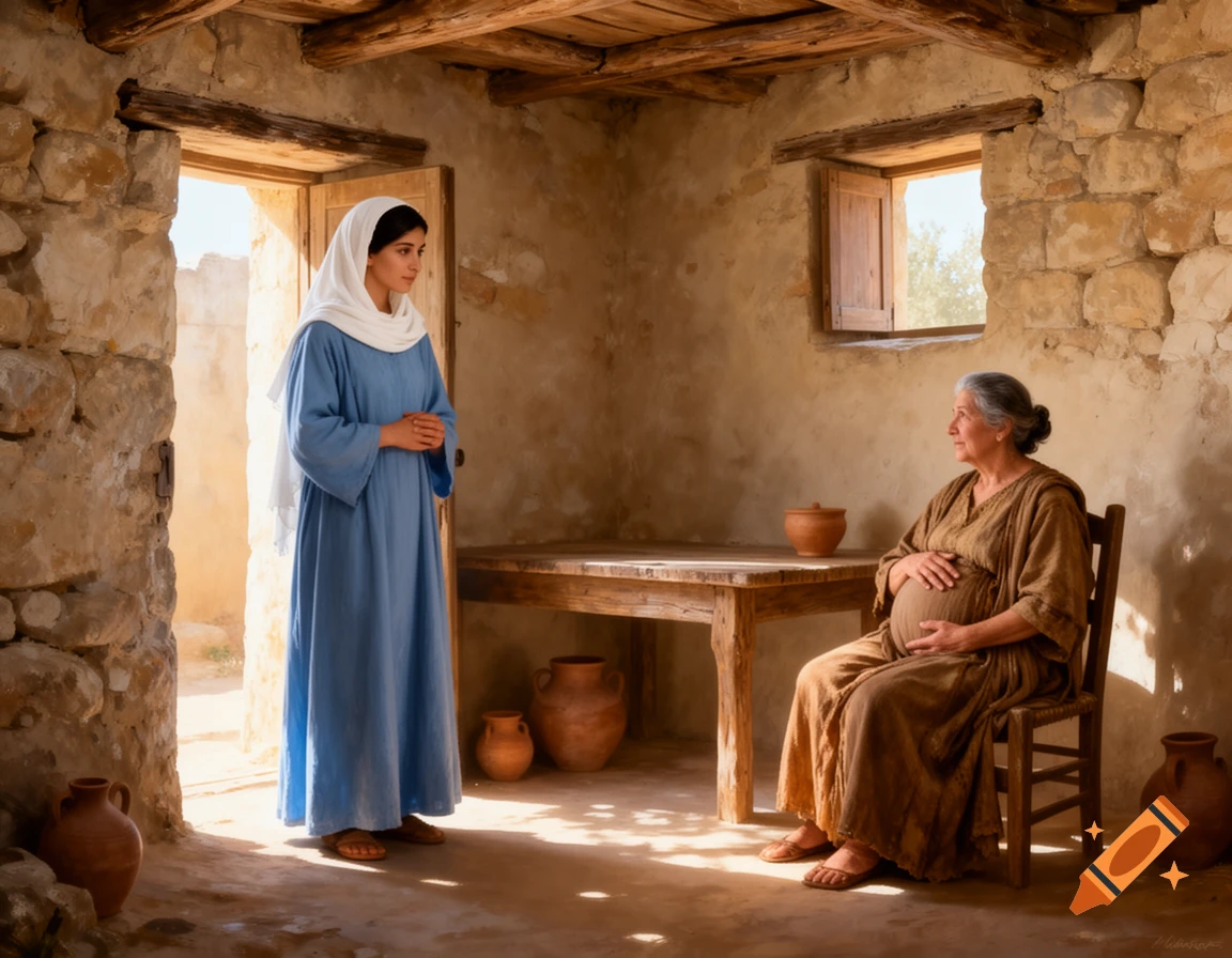 A young woman in a blue dress and white head covering stands in a stone room, looking at an older, pregnant woman sitting on a wooden chair. Photorealistic style.