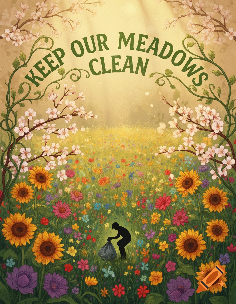 A vibrant, colorful illustration of a person picking litter in a blooming meadow with "KEEP OUR MEADOWS CLEAN" text.