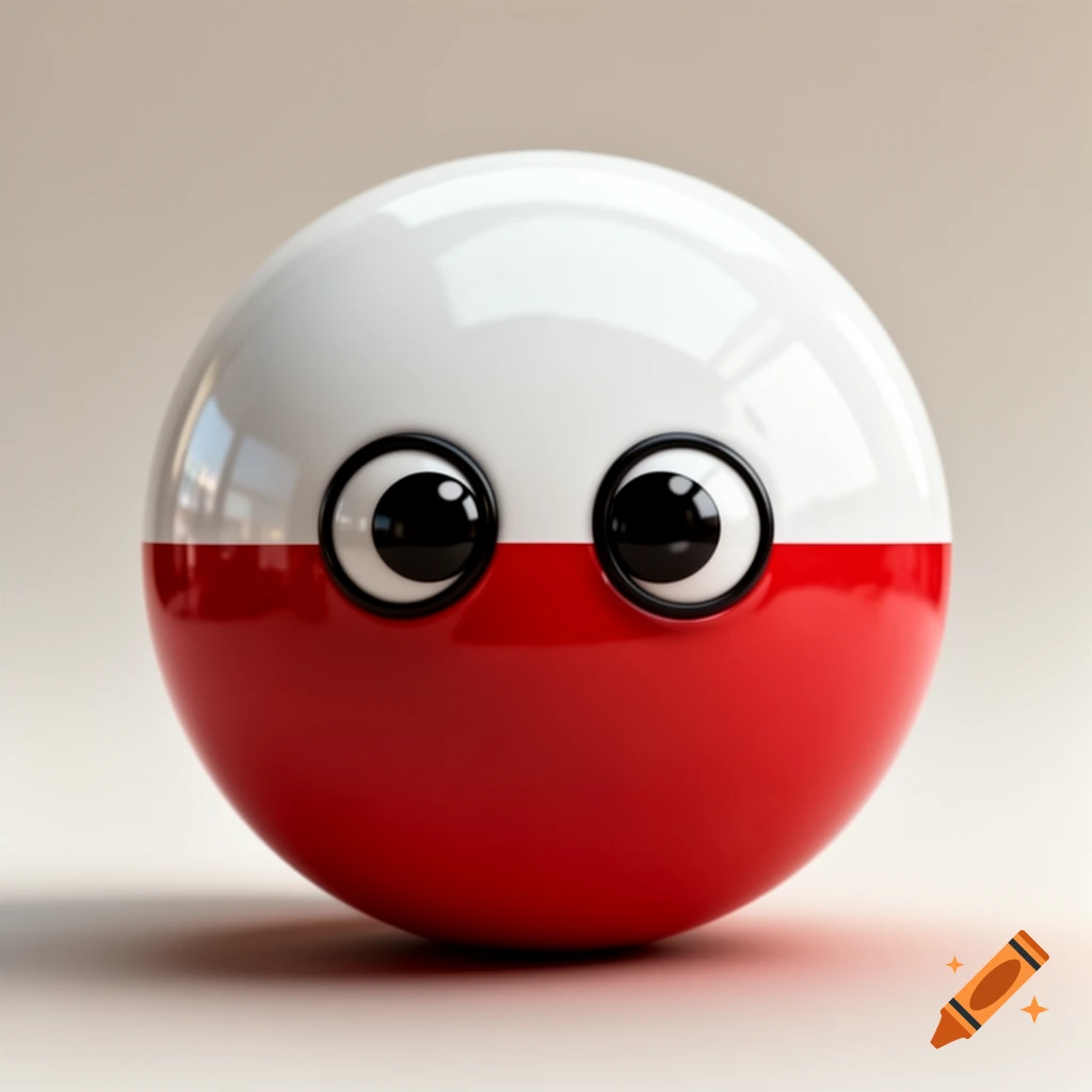 A 3D rendered, shiny white and red countryball with large black and white googly eyes, representing Poland.