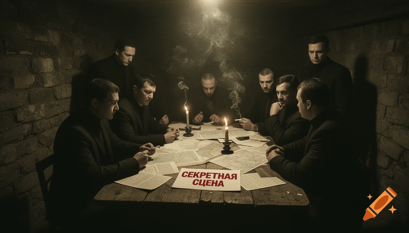 A sepia-toned, cinematic image of eight men in dark suits gathered around a candlelit table covered with maps and documents in a dimly lit, brick-walled room.