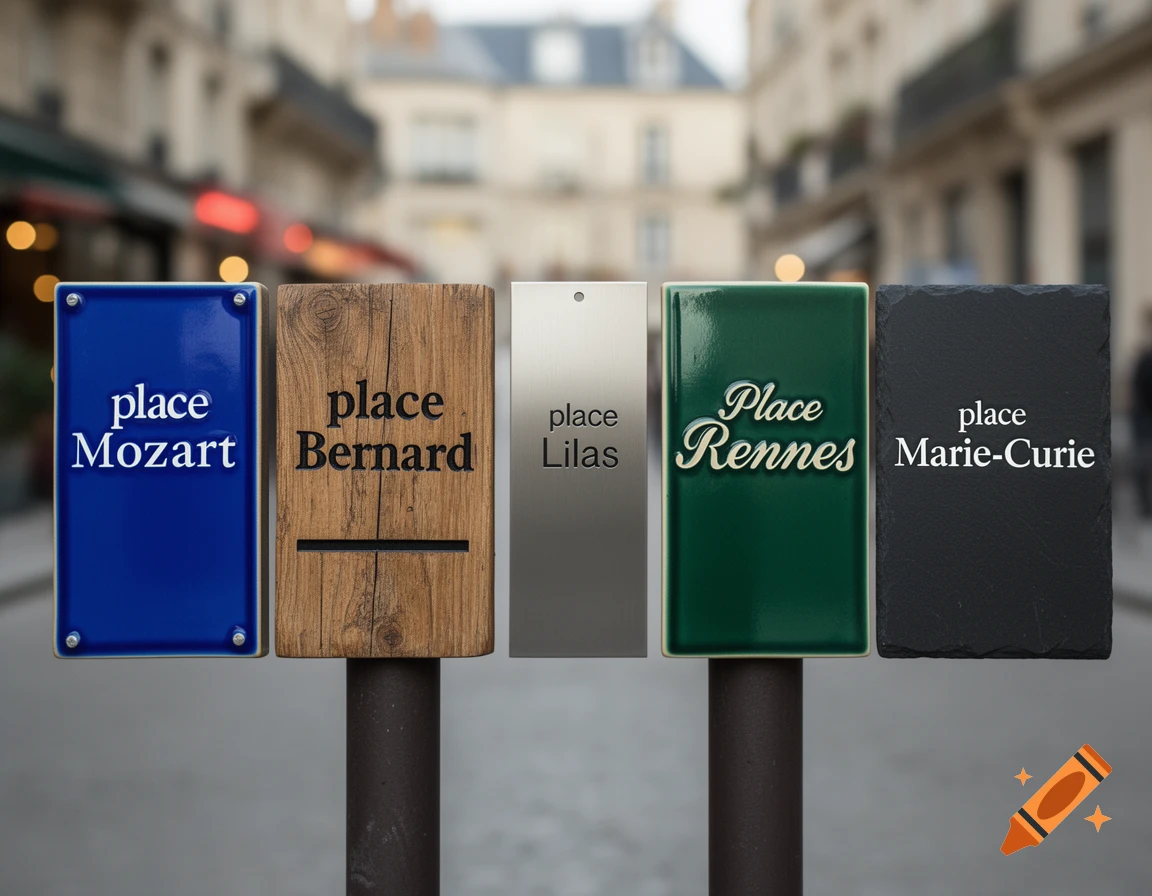 Five differently designed street signs reading "place Mozart," "place Bernard," "place Lilas," "Place Rennes," and "place Marie-Curie" in an urban setting.