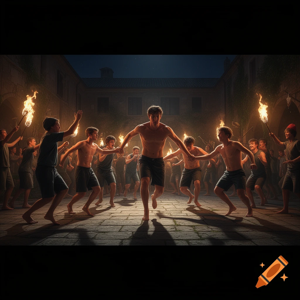 A group of shirtless men hold hands and torches, running barefoot in a stone courtyard at night during a cinematic ritual.