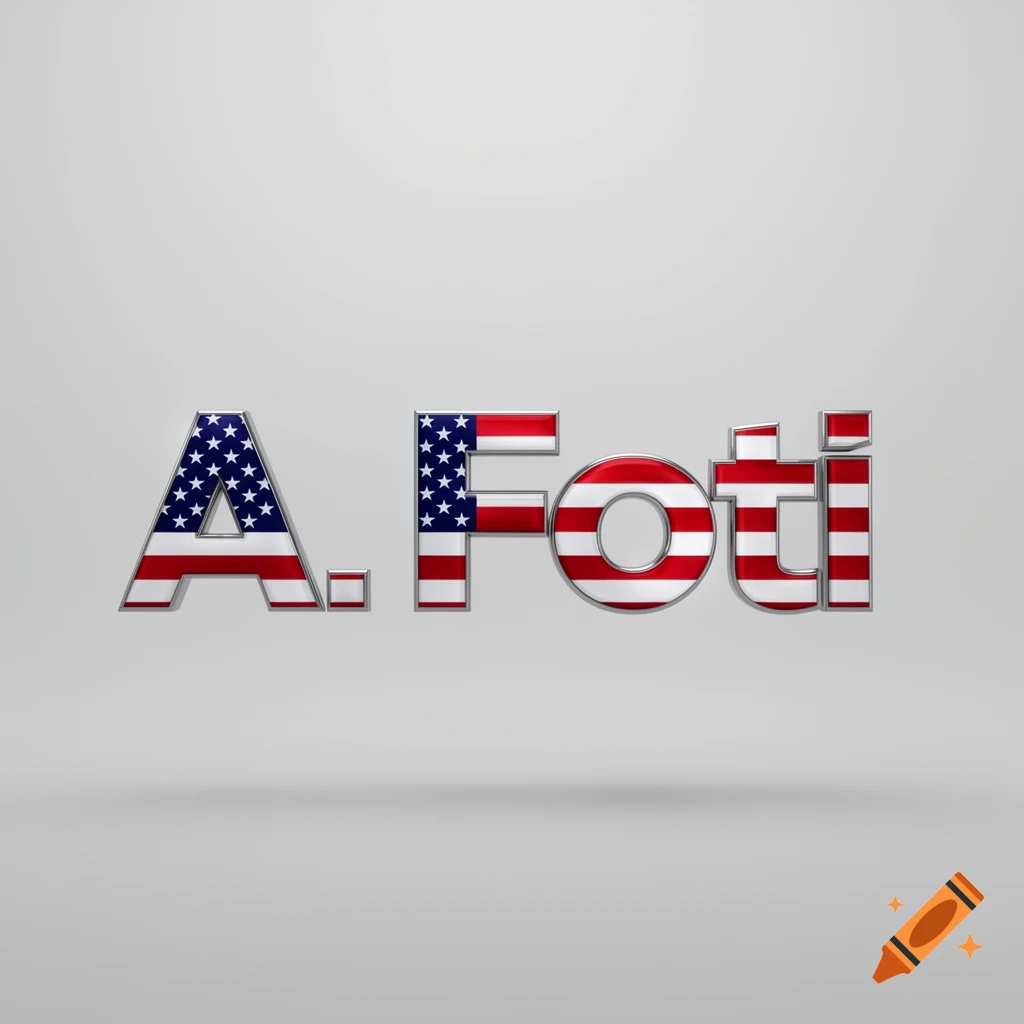 3D rendered text "A. Foti" with an American flag pattern and metallic borders, against a light grey background.
