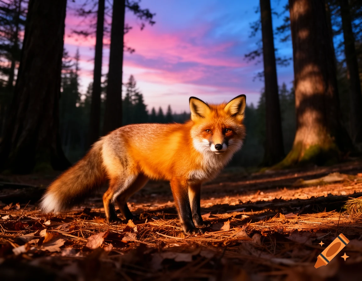 A vibrant red fox stands in a sunlit forest, with tall trees silhouetted against a dramatic pink and blue sunset sky.