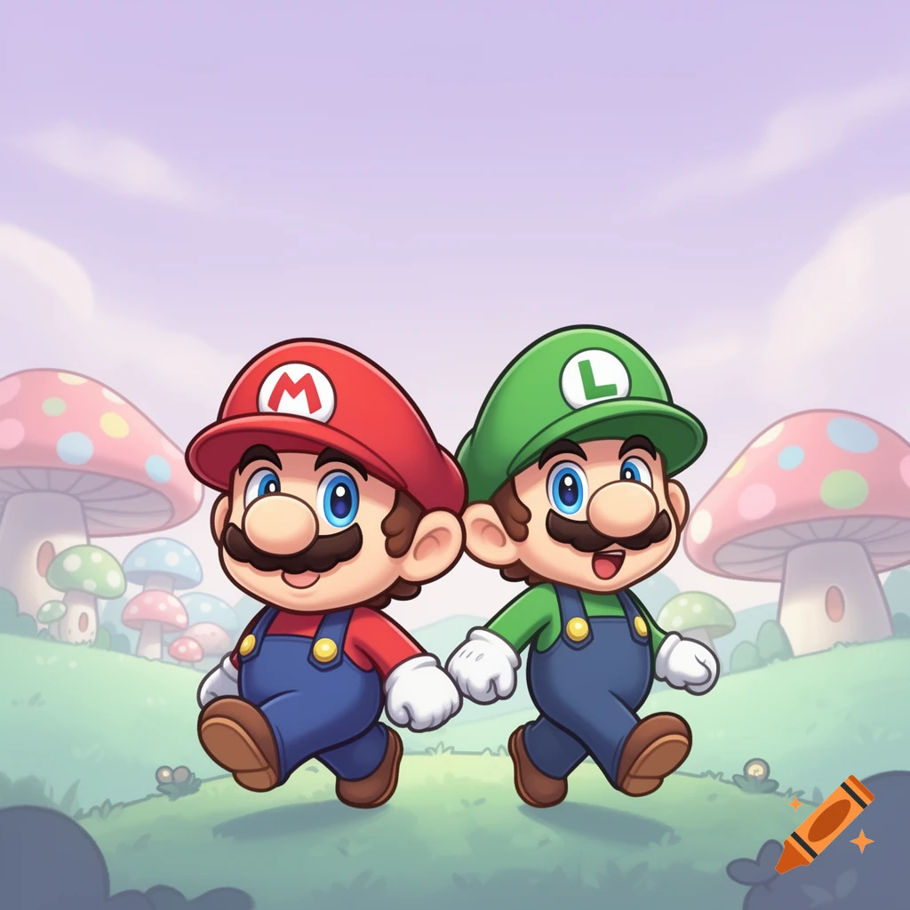 Chibi Mario and Luigi walk hand-in-hand through the pastel-colored Mushroom Kingdom, with their iconic M and L hats.