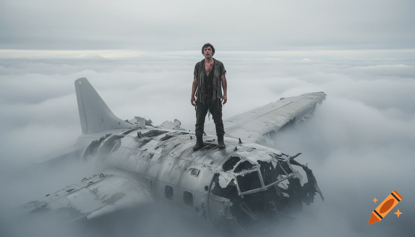A disheveled man stands on the wreckage of a crashed plane, surrounded by clouds, a scene of survival.