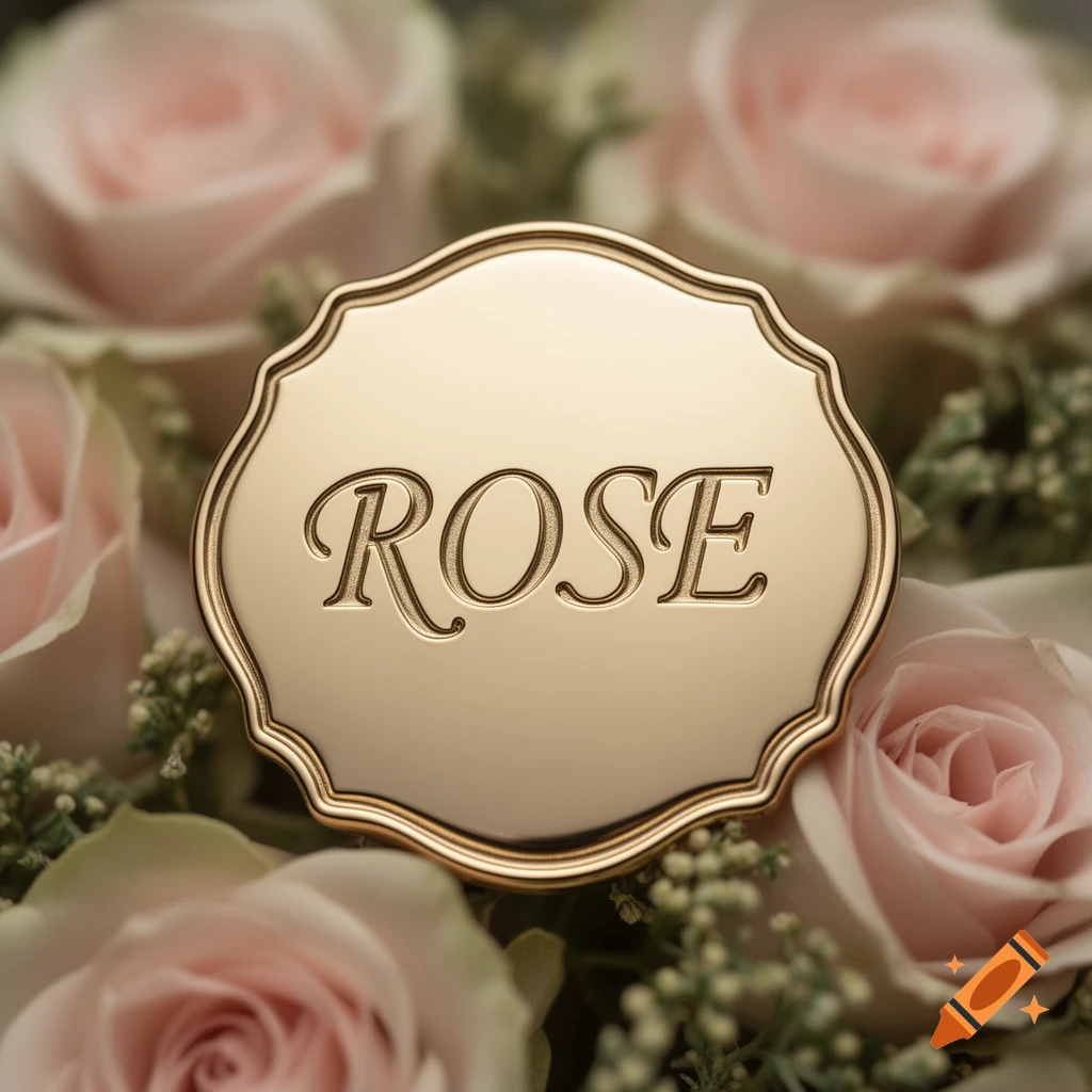 A gold, ornate badge with 'ROSE' embossed on it, surrounded by light pink roses. Photorealistic.