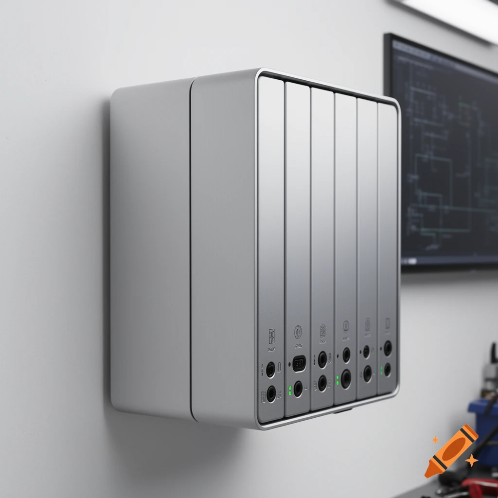 A sleek silver wall-mounted electronic unit with multiple vertical segments, ports, and green indicator lights, in a clean setting.