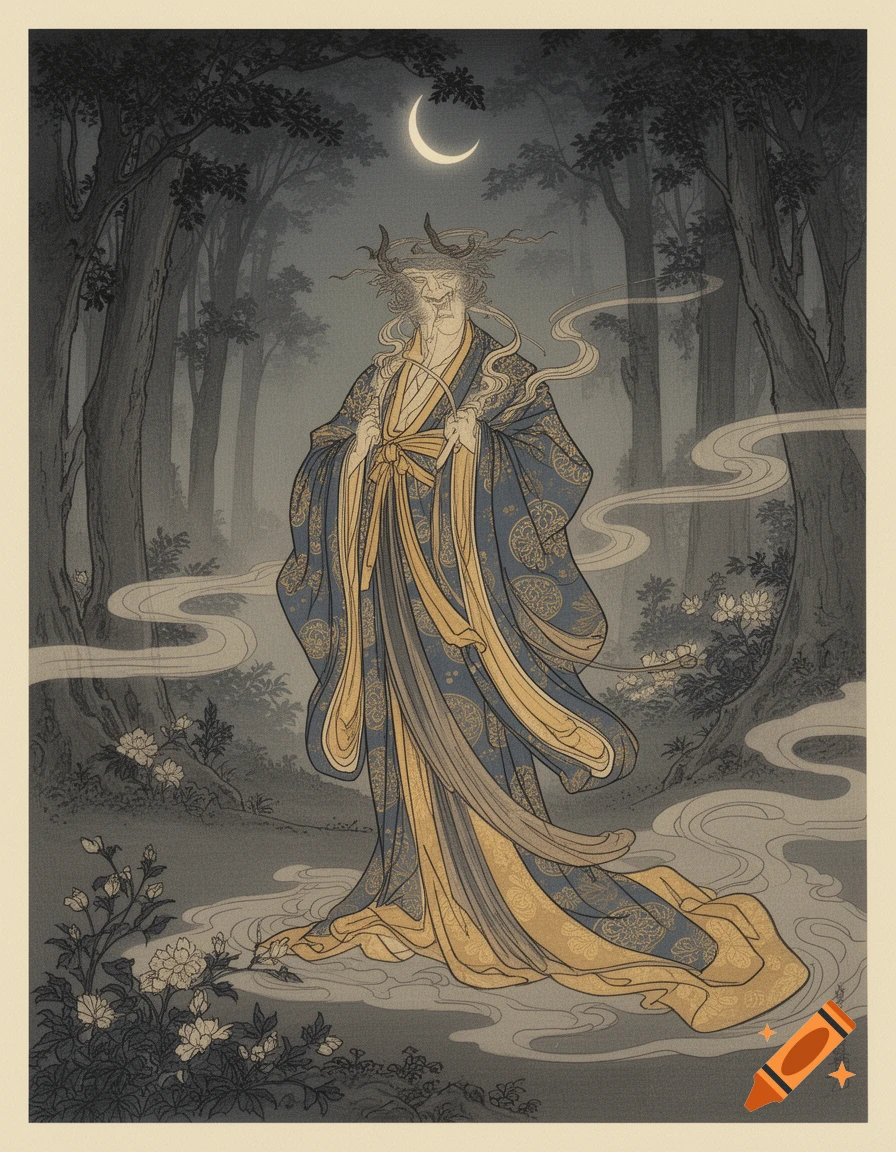Ukiyo-e style illustration of a ghostly yokai with horns and flowing robes in a dark, moonlit forest.