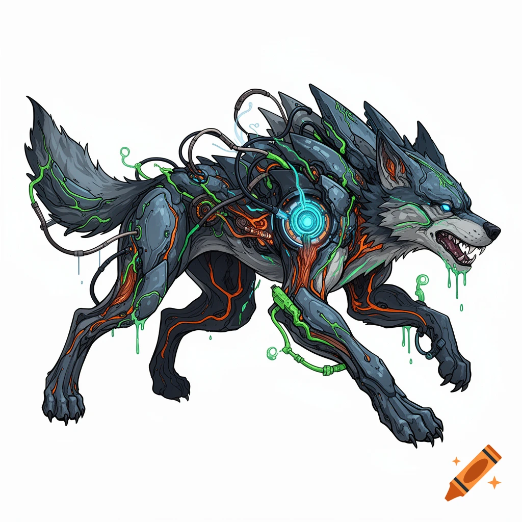 A menacing biopunk wolf with glowing green veins, orange details, and a blue energy core on its chest, snarling on a white background.