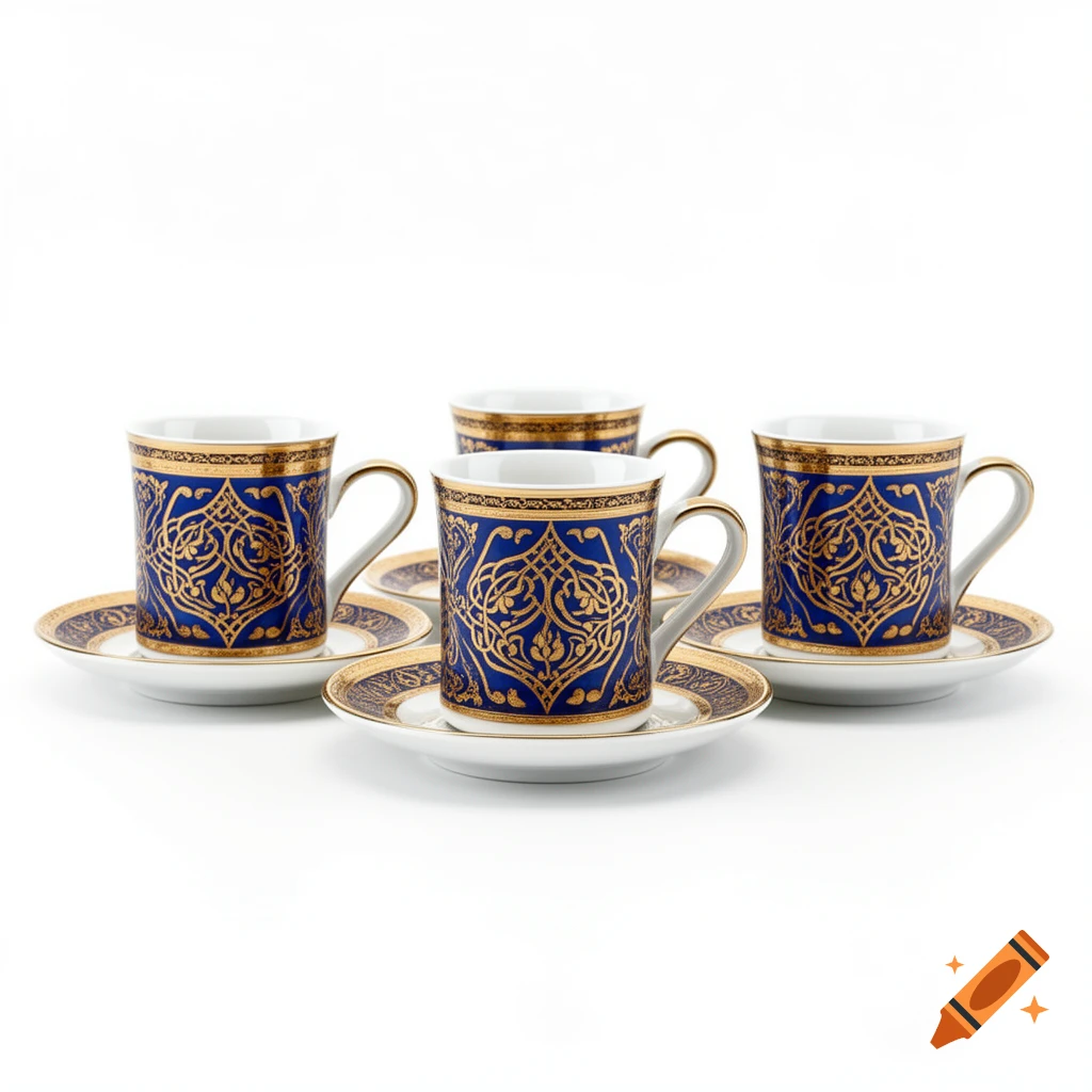 Four ornate blue and gold Turkish coffee cups and saucers on a white background.