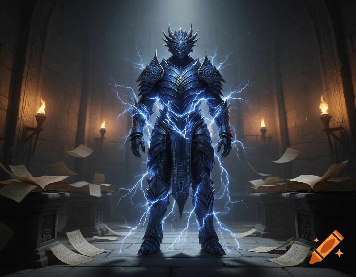 A powerful figure in ornate blue draconic plate armor, crackling with blue lightning, stands in a dimly lit, ancient stone chamber filled with open books and floating pages.