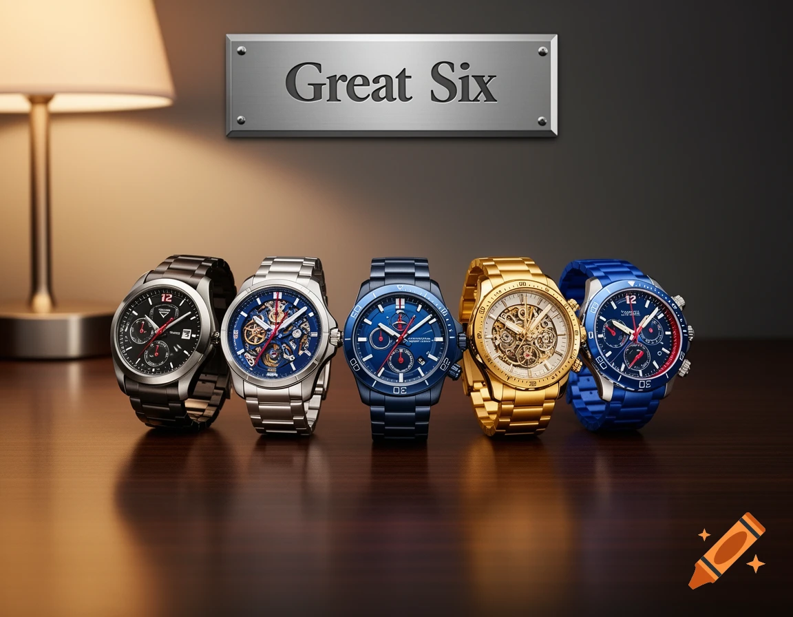 Five luxury watches (black, silver, blue, gold) on a wooden table, with a 'Great Six' sign and a lamp.
