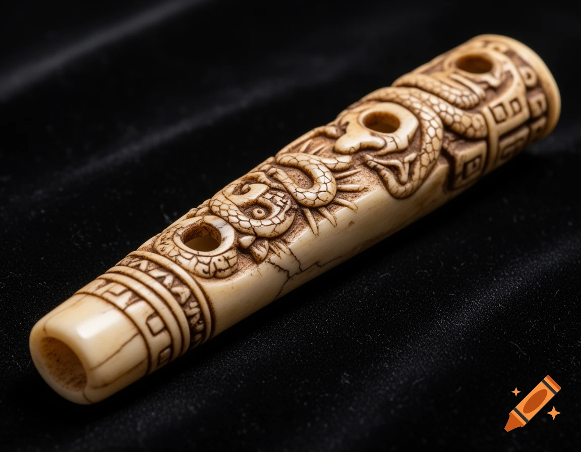 A close-up of a carved bone flute featuring Aztec-inspired serpent and skull designs on a black background.