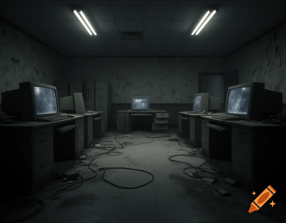 A dark, eerie abandoned office with old CRT monitors, desks, filing cabinets, and tangled wires on the floor.