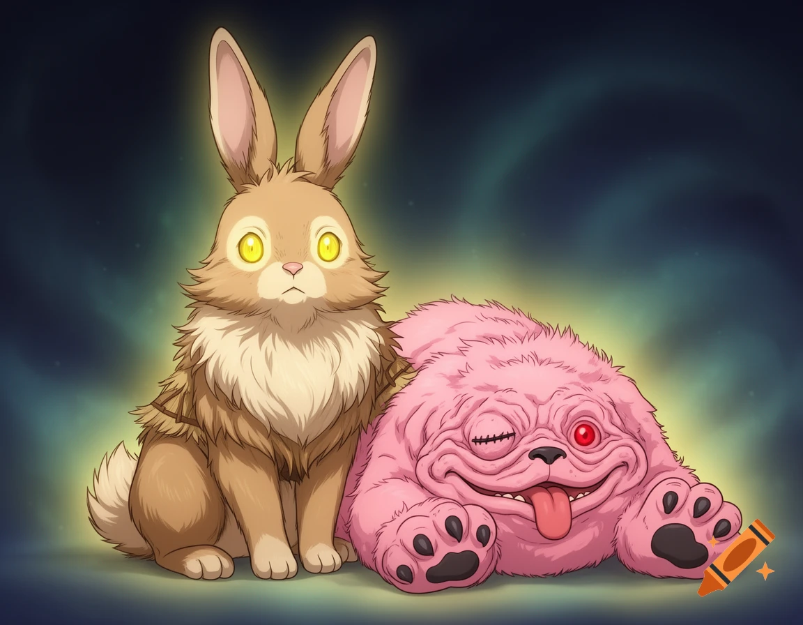 An anime-style image of Nanachi, a fluffy light brown rabbit-like creature with glowing yellow eyes, sitting next to Mitty, a pink fluffy mutant with a gnarled smile, one red eye, and a stitched eye, lying on a dark, glowing background.