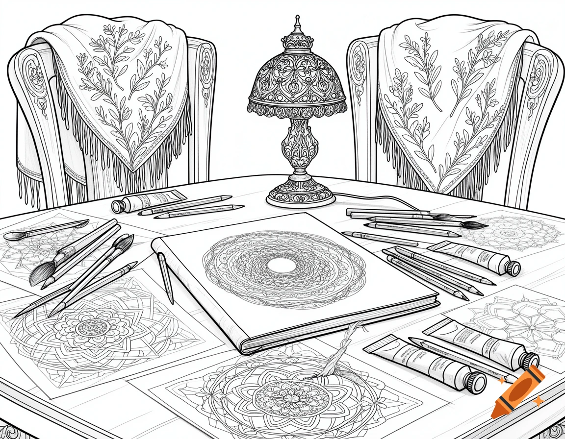 A detailed black and white coloring book page of an artist's table with drawing supplies, sketchbooks, and mandala designs.
