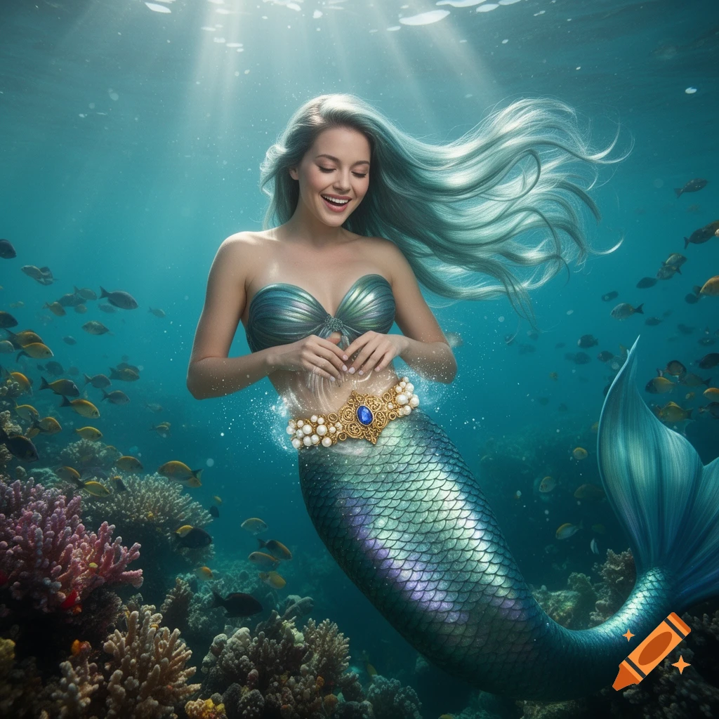 Smiling mermaid with flowing hair and a shimmering tail, adjusting a pearl belt amidst coral and fish in sunlit blue water.