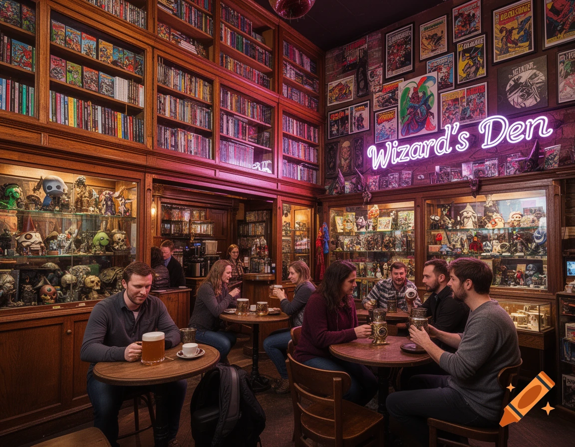 People gather in 'Wizard's Den', a cozy, wood-paneled fantasy-themed cafe with towering bookshelves, comic art, and collectibles.