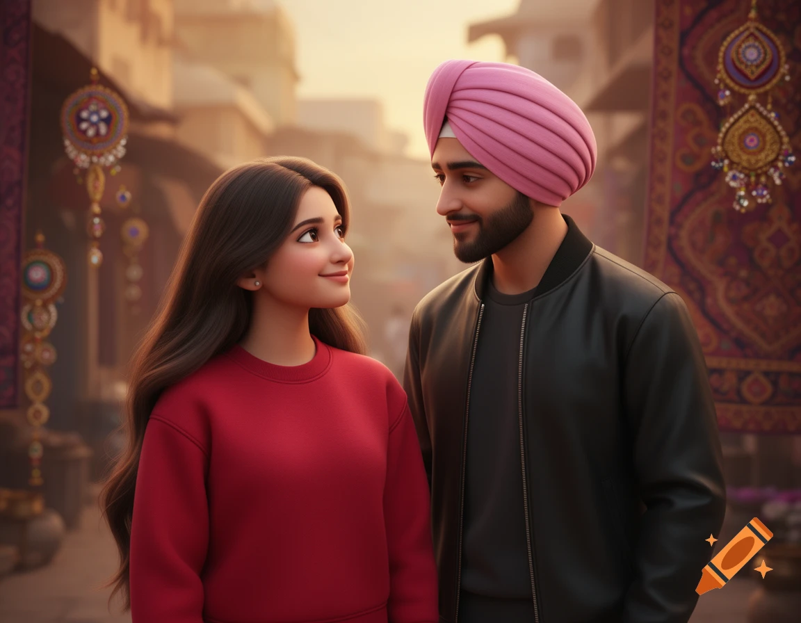 A 3D render of a young Indian couple. The woman in a red sweatshirt looks at the man in a pink turban and black jacket, both smiling in a market setting.