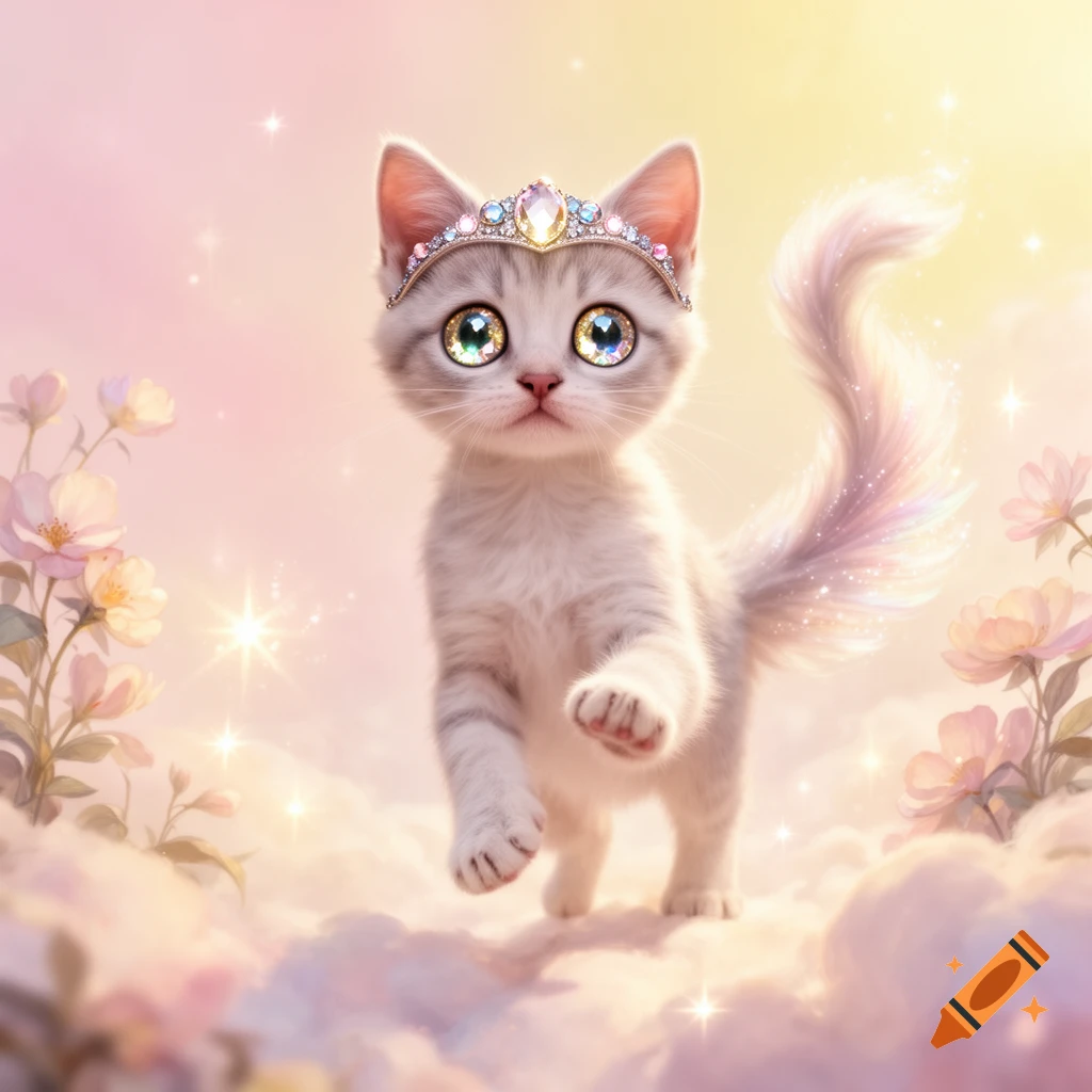 A cute fluffy kitten wearing a jeweled tiara stands on soft clouds with pink flowers and sparkling lights in a dreamy style.