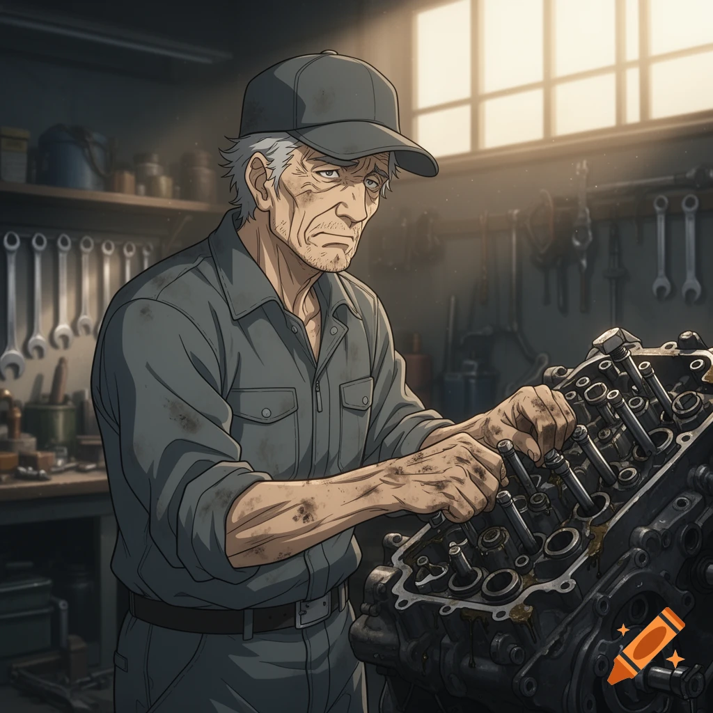 Anime style portrait of a tired, older mechanic working on an engine in a dimly lit workshop.