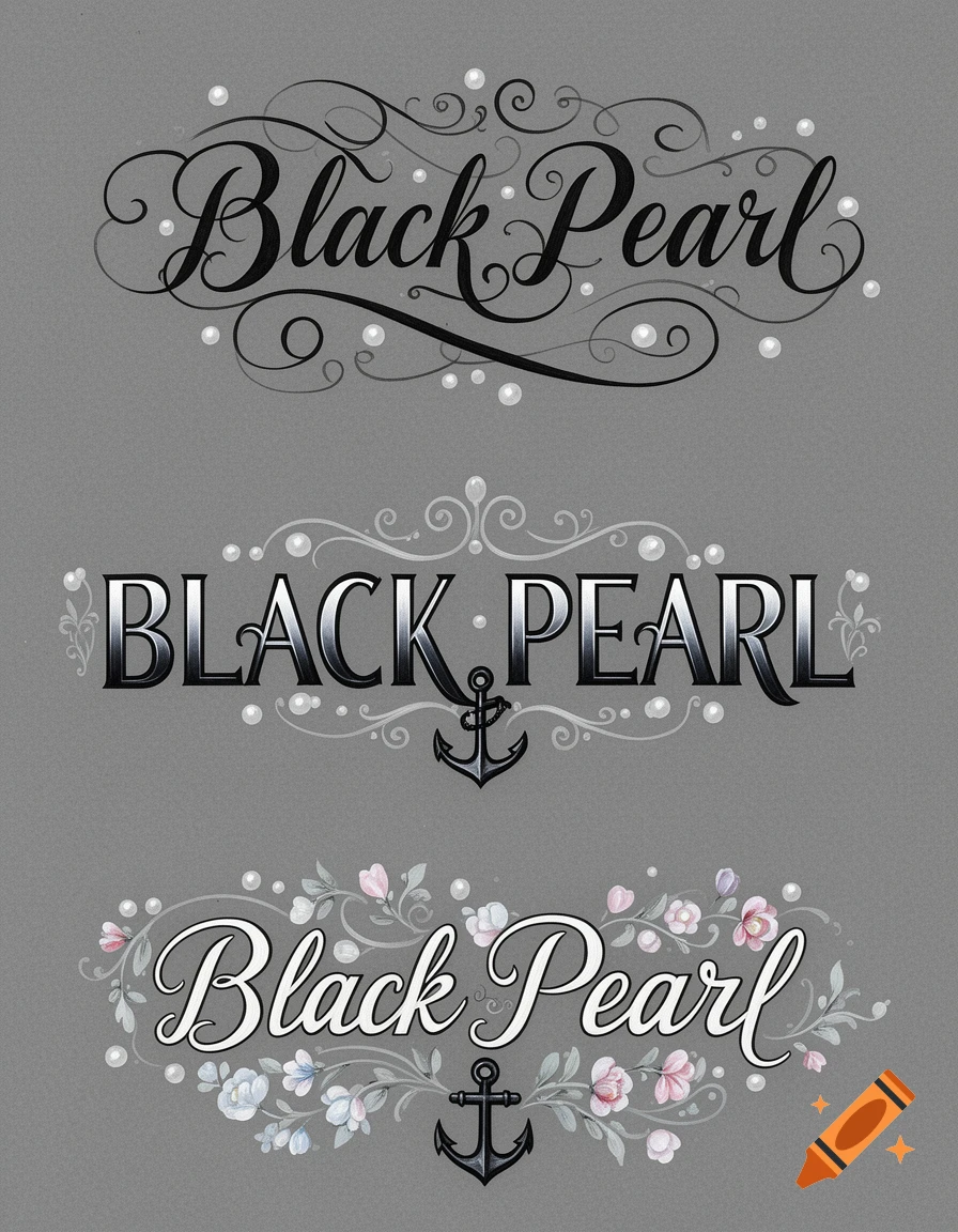 Three distinct stylized 'Black Pearl' text designs with decorative swirls, pearls, flowers, and anchors on a gray background.
