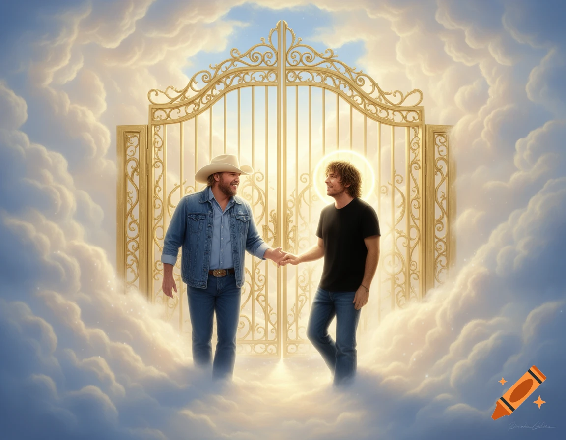 Two men, resembling Toby Keith and Brad Arnold, shake hands in a bright, cloudy heaven-like scene with golden gates.