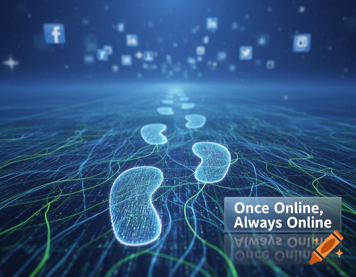 Abstract digital art of glowing footprints on a data network, with social media icons and the text 'Once Online, Always Online'.