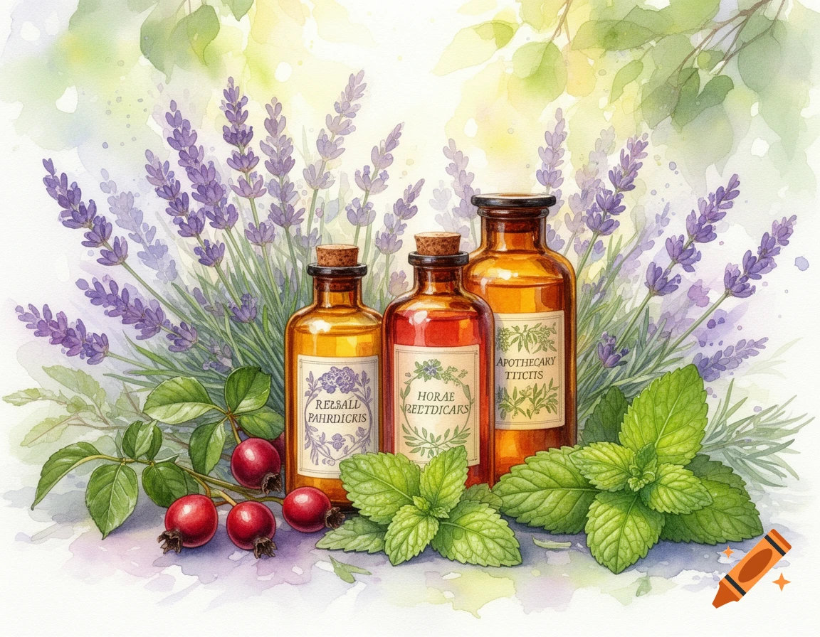 Watercolor illustration of amber bottles with corks and labels, surrounded by lavender, rose hips, and mint leaves.